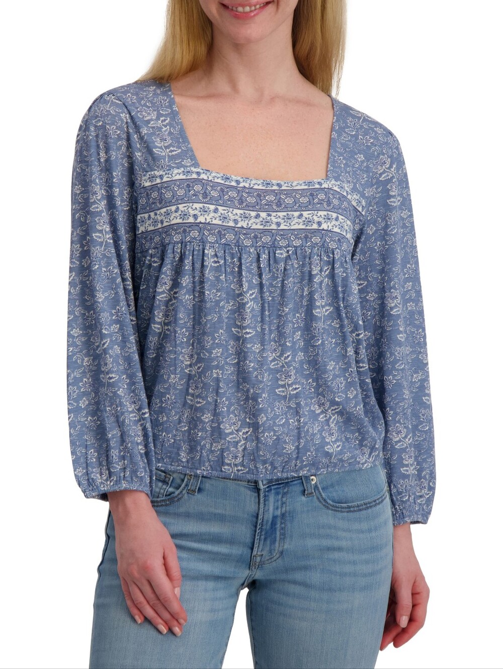 New Lucky Brand Blue Floral Square-Neck Peasant Top, Size Large